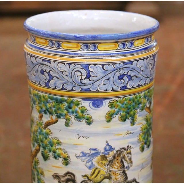 Mid-Century Italian Hand-Painted Majolica Umbrella Stand With Hunt Scene For Sale In Dallas - Image 6 of 14