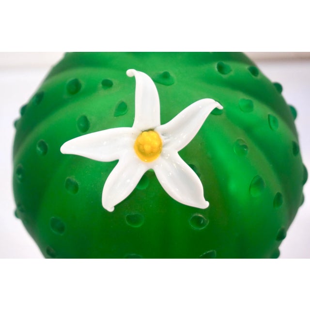 1990s Formia 1990s Vintage Italian Green Murano Glass Cactus Plant With White Flower For Sale - Image 5 of 11