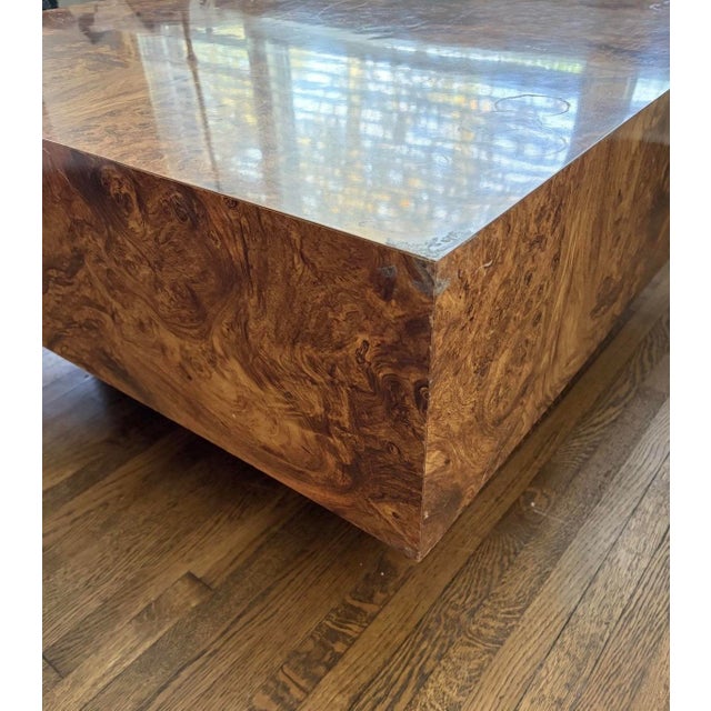 Mid-Century Modern 1970s Burl Wood Veneer Square Block Coffee Table on Plinth Base For Sale - Image 3 of 4