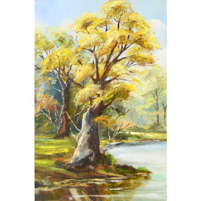 American 1970s Yellow Oak Trees Autumn River Landscape Painting For Sale - Image 3 of 6