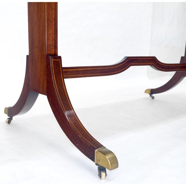 Brown Yew Wood Drop Leaves Two Drawers Low Profile Brass Feet Desk Console Table MINT For Sale - Image 8 of 18