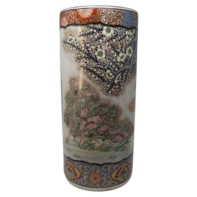 Chinoiserie Vintage Macau Hand-Painted Porcelain Umbrella Stand With Floral Garden, Raised Enamels & Gilt Detail For Sale - Image 3 of 18