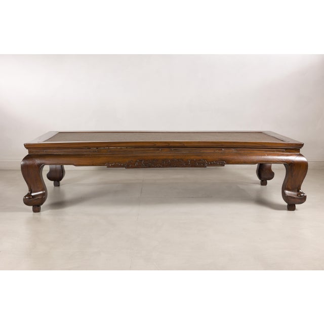 Antique Chinese Elm Opium Bed Coffee Table with Woven Rattan Top and Scroll Legs For Sale - Image 15 of 18
