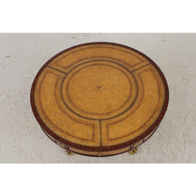 1990s Maitland Smith Round Mahogany Leather Top Center Table For Sale - Image 5 of 17