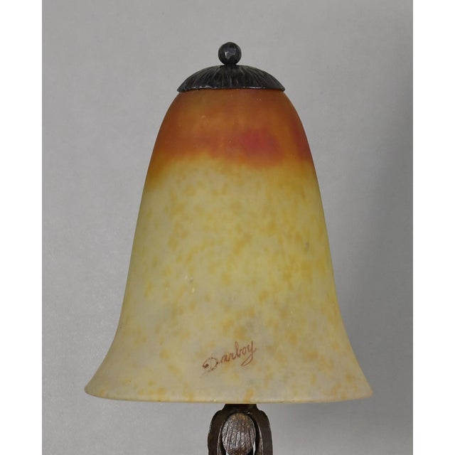 Darboy & Daum Pair of French Art Deco Orange & Yellow Glass Wrought Iron Table Lamp 1920ss For Sale - Image 9 of 13