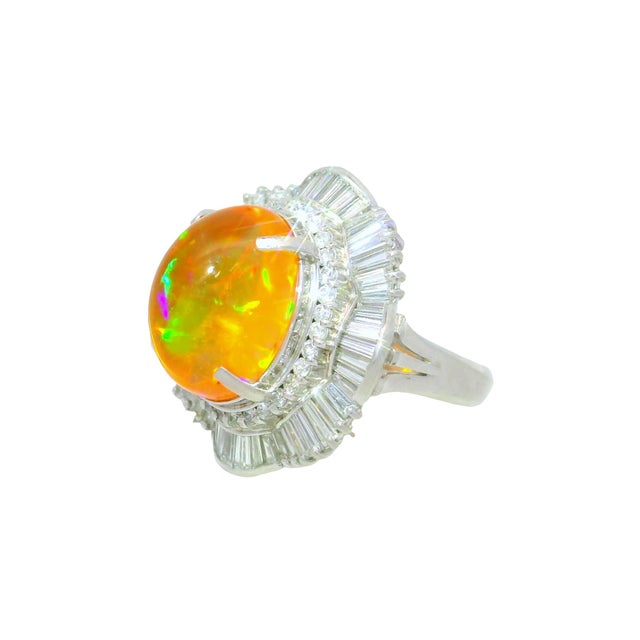 Early 21st Century 7.41 Carat Mexican Fire Opal Diamond Platinum Double Halo Ring, Size 6 For Sale - Image 5 of 6