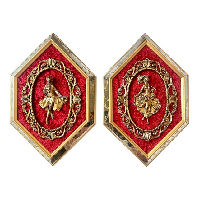 Vintage Courting Couple Wall Plaques – Set of 2, Red Velvet, Gold Rococo Scrollwork For Sale