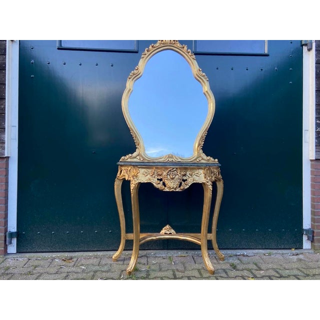 1920s French Louis XVI Gilt Beech Marble Console Table & Mirror – 2 Pc For Sale - Image 10 of 10