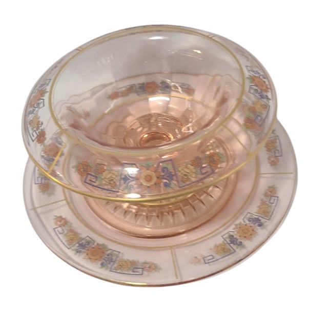 Mid 20th Century Vintage Retro Pink Depression Glass Floral Edge Pedestal Compote & Underplate For Sale - Image 5 of 5