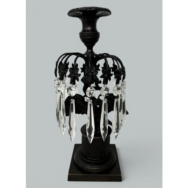 Antique Pair Regency Bronze Crystal Lustres Candlesticks Candelabra Eagles Prisms For Sale - Image 10 of 15