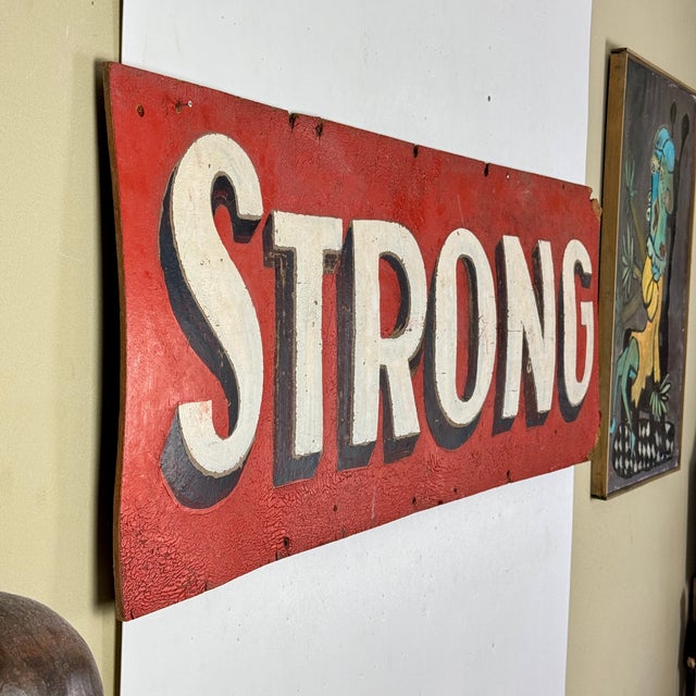 Large Vintage Hand Painted "Strong" Sign on Masonite With Bold Graphics in Red For Sale - Image 9 of 12