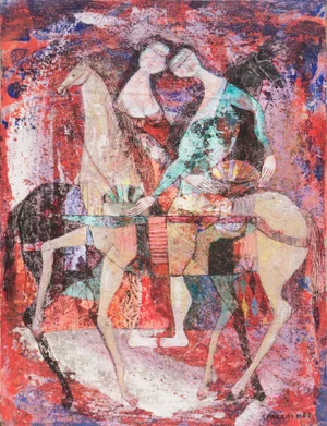 'Riders Against a Red Background' by Luciano Spazzali, 1958; Italian Modernism, Horses, Avant-Garde, Michetti Prize Winner