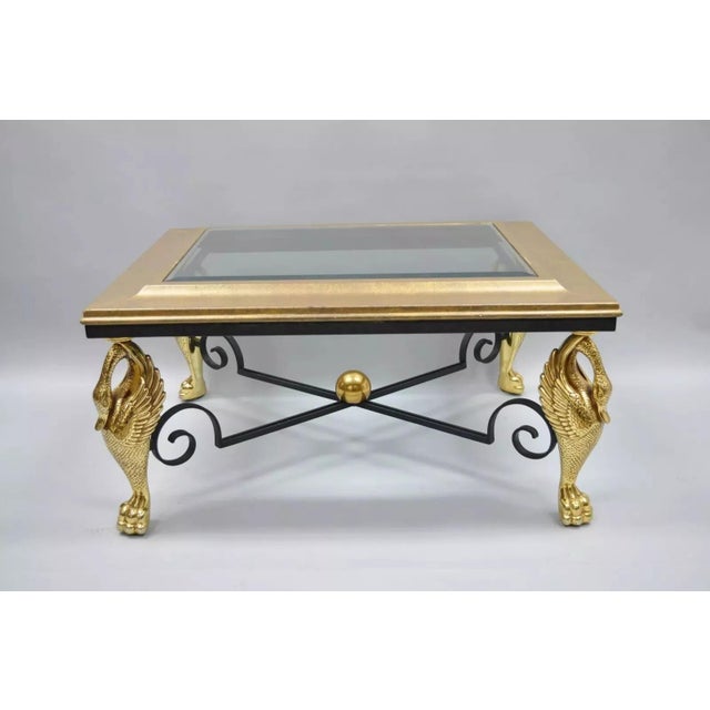 Regency Style Figural Swan Base Rectangular Iron and Glass Gold Coffee Table For Sale - Image 10 of 10