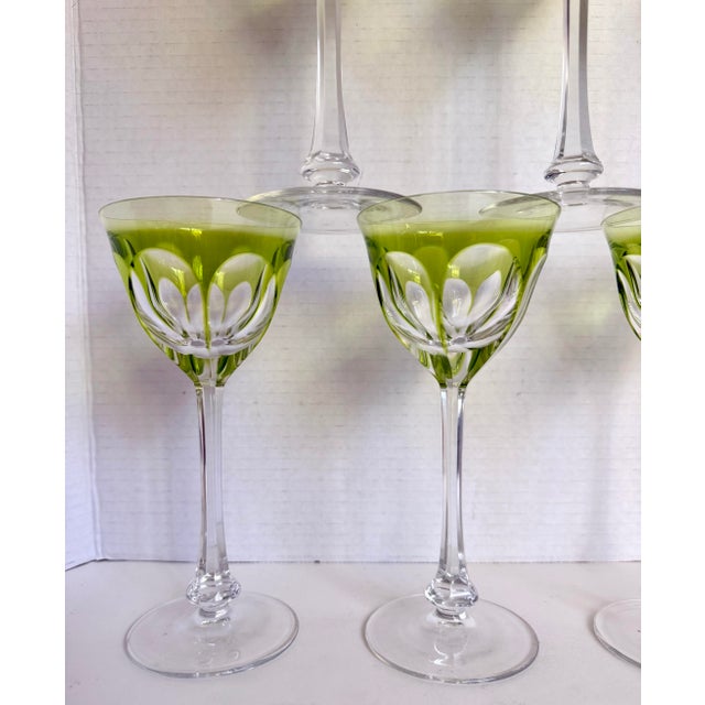 Glass 1930s Moser Lady Hamilton Green Overlay Crystal Wine Glasses, Set of 7 For Sale - Image 7 of 10