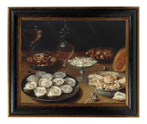 “Dishes with Oysters, Fruit and Wine" After Osias Beert the Elder Contemporary Reproduction Print on Canvas, Framed, 16 x 20
