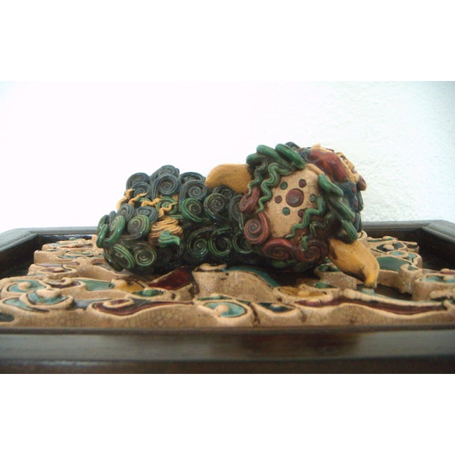 Chinoiserie Glazed Shiwan Foo Dog / Guardian Lion, Wood Mounted Antique Chinese Ceramic Wall Tile For Sale - Image 3 of 10