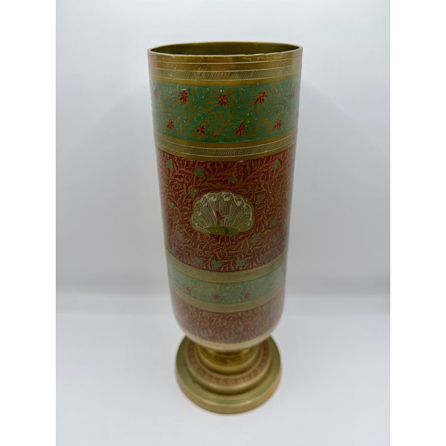 Vintage Indian Brass Peacock Vase, Etched Enamel Floral Vessel For Sale In Philadelphia - Image 6 of 7