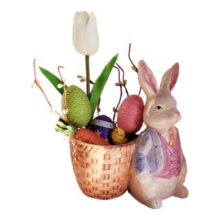Vintage Porcelain Easter Bunny With Basket of Spring For Sale