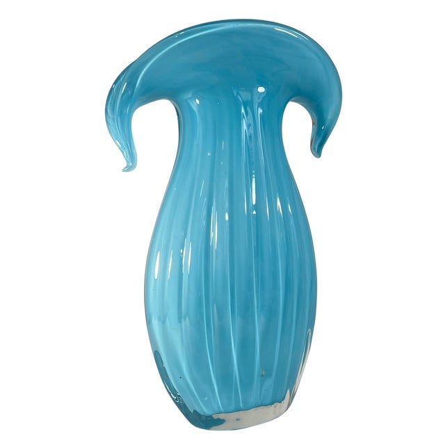 Art Glass Aqua Blue Vase Crescent Clam Lip Fluted Vase For Sale - Image 11 of 17