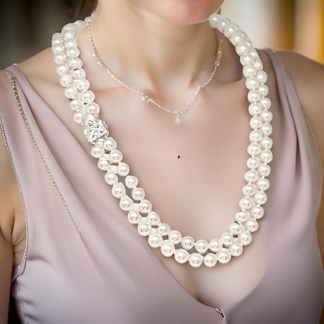 1990s Diamond Akoya Pearl Necklace 8 Mm 14k Gold 18 3/4" 2-Strand Certified For Sale - Image 9 of 15
