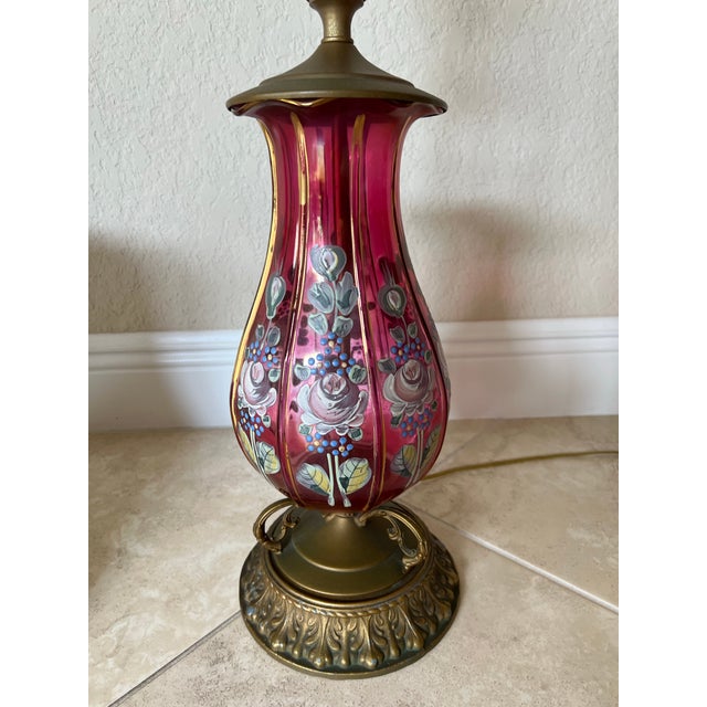 1920s Vintage Floral Hand Painted Pink Glass Lamp For Sale - Image 5 of 6