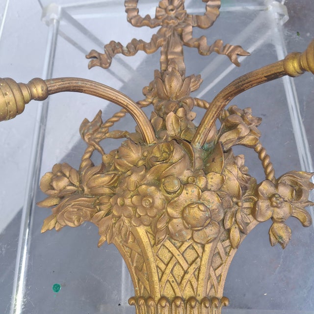 Bronze 19thc XL French Louis XVI Bronze 2 Light Floral Basket Wall Sconce For Sale - Image 8 of 18