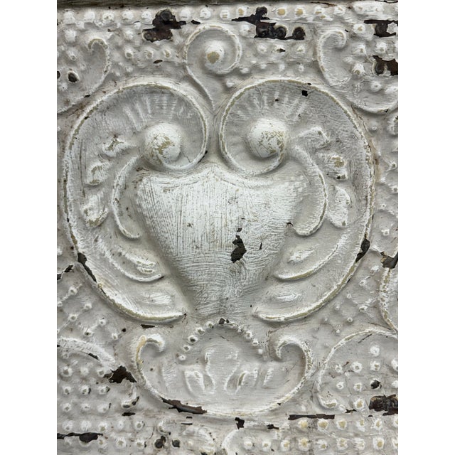 Paint Distressed White Embossed Tin Architectural Wall Panel, Vintage For Sale - Image 7 of 12