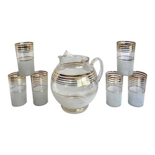 1940's Art Deco Gold Striped Tall Glasses and Pitcher Set For Sale
