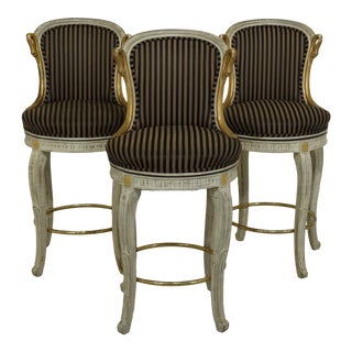 Set of 3 French Paint Decorated Swan Bar Stool Chairs For Sale