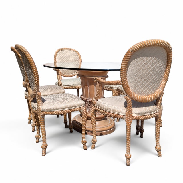 Vintage Carved Wood Oval Glass Dining Set With Six Upholstered Chairs For Sale - Image 9 of 18