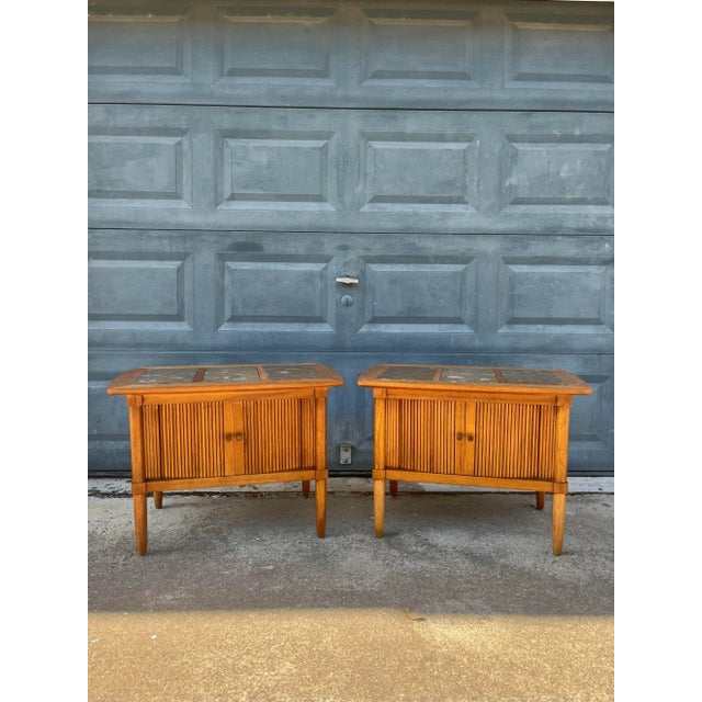 Tan Marble Top + Tambour Nightstands With Pencil Legs by Sophisticate for Tomlinson For Sale - Image 8 of 12