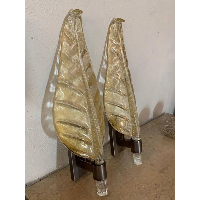 Italian Large Scale Murano Glass Leaf Form Sconces - A Pair For Sale - Image 3 of 7