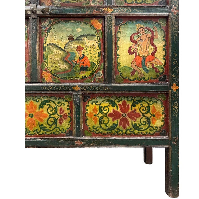 Wood Early 20th Century Antique Tibetan Hand Painted Tall Credenza Storage Cabinet For Sale - Image 7 of 11