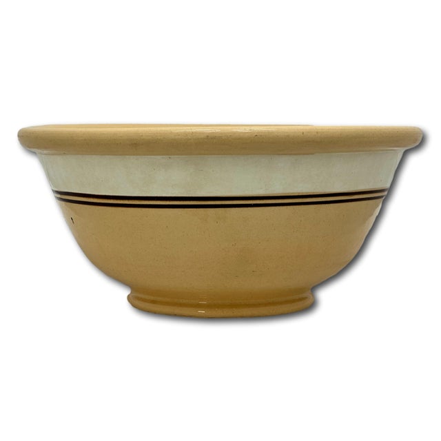 Nice Antique Large Thick & Heavy 13 Inch Brown & Cream Color Banded Yellow Ware Kitchen Mixing Bowl - Circa Late 1800s For Sale - Image 12 of 18