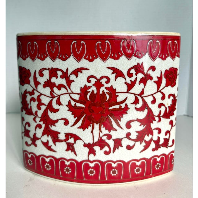 Ceramic Vintage Asian Porcelain Crackle Glaze Red & White Ikebana Style Vase Planter For Sale - Image 7 of 10