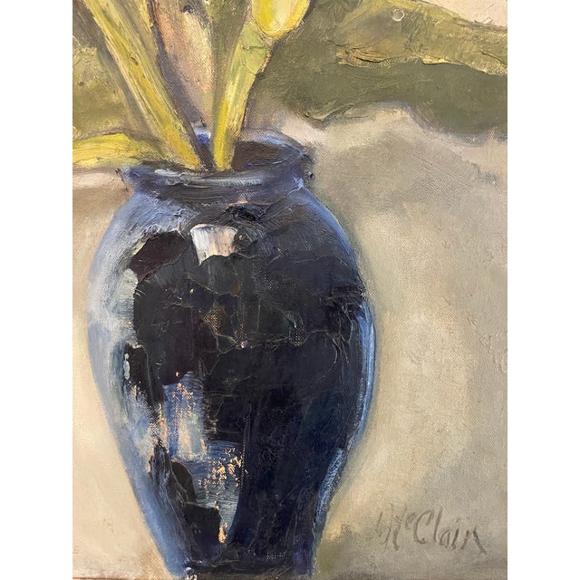 Textile 1950s Helen McClain Ojai California Still Life Calla Lily in Blue Pot Oil on Canvas Panel For Sale - Image 7 of 9