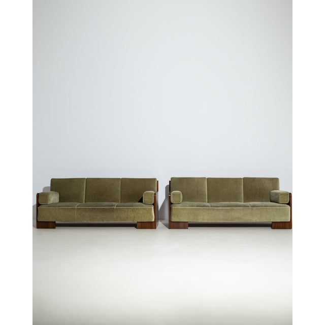 Olive 1930-1939 France Deep Olive Green Pair Of Upholstered Sofas For Sale - Image 8 of 10