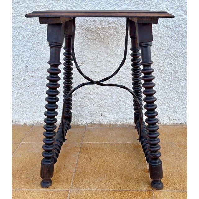 Brown 1920s Spanish Baroque Revival Oak Side Table with Barley Twist Legs and Iron Stretcher For Sale - Image 8 of 10