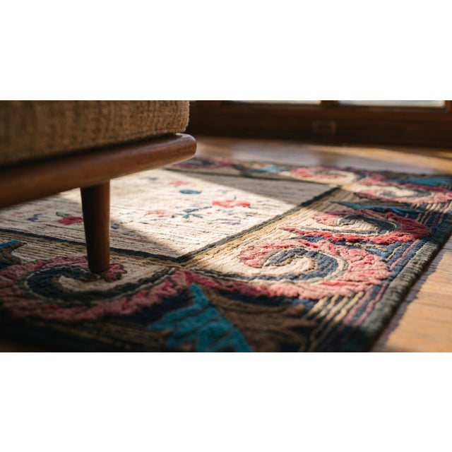 Textile Wonderful Ivory Background Color With Dynamic Florid Design Antique American Hooked Rug For Sale - Image 7 of 7