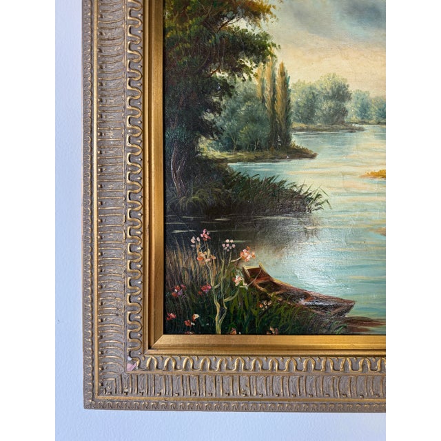 Vintage European Countryside River Landscape Oil Painting on Canvas – Framed For Sale In Miami - Image 6 of 17