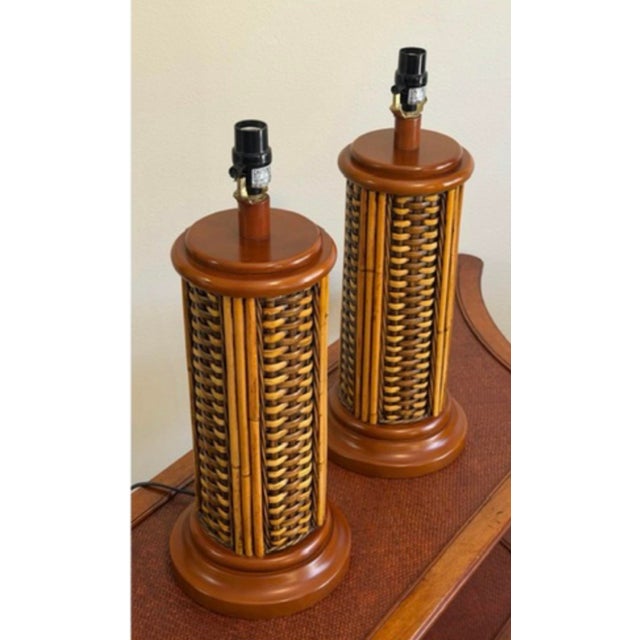 Wood Vintage Bamboo and Woven Rattan Coastal Table Lamps - a Pair For Sale - Image 7 of 11
