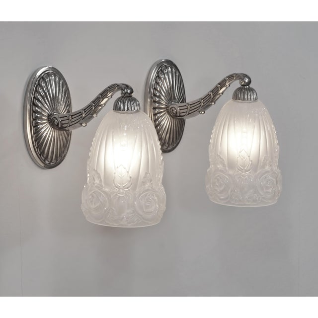 Silver 1920s French Art Deco Wall Sconces by Hettier Et Vincent & Baccarat France - a Pair For Sale - Image 8 of 13