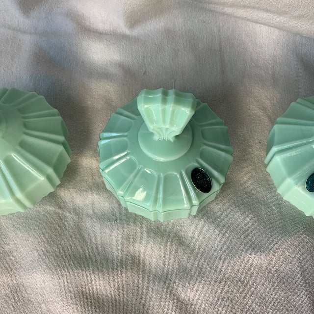 Hollywood Regency Circa 1940s Murano Glass Opaque Jadeite Green Vanity Bottles and Jar - Set of 3 For Sale - Image 3 of 6