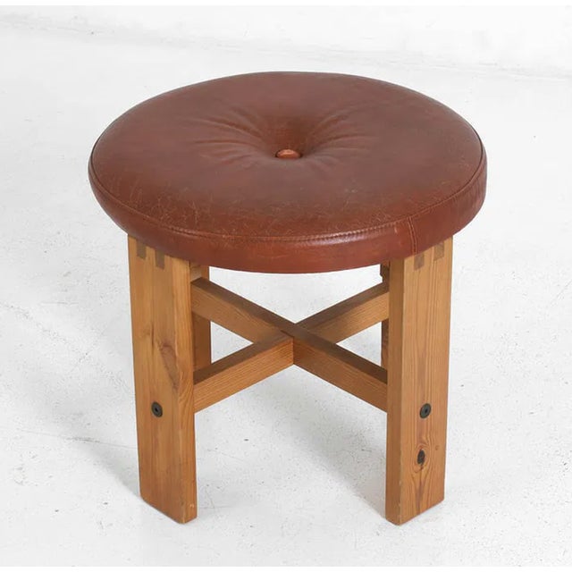 1970s Vintage Midcentury Modern Leather & Pine Stool Ottoman, in the Manner of Kai Kristianssen, Sweden, 1970s For Sale - Image 5 of 12