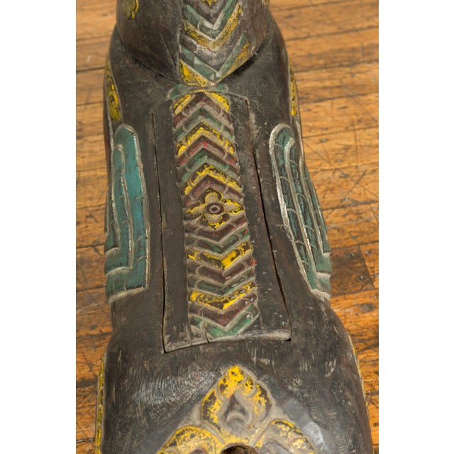 Wood Antique Northern Thai Carved and Polychrome Mythical Guardian Animals - A Pair For Sale - Image 7 of 13