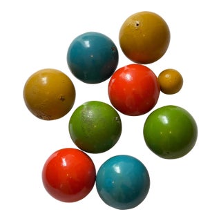Mid Century Modern 12 Vintage Carpet Wood Balls Polychrome For Sale
