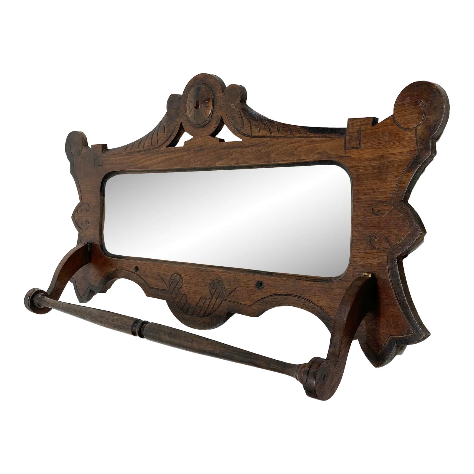 Antique Victorian Wall Mount Shaving Mirror With Towel Rack Chairish