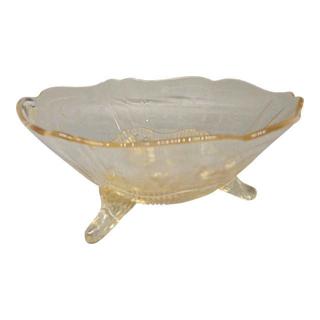 Lancaster Kay Yellow Fruit Bowl Vintage Depression Glass Footed Yellow Depression Glass 3 Footed Bowl With Etched Pattern For Sale