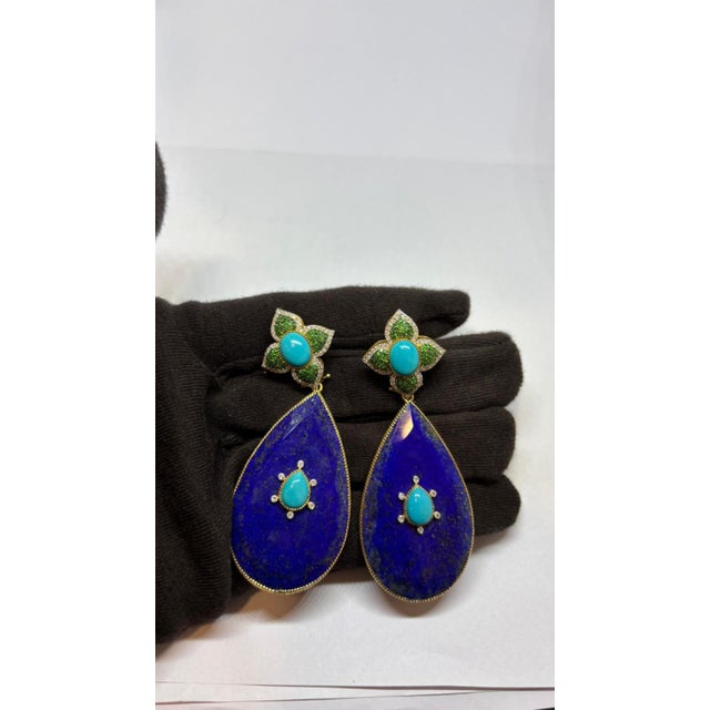 Natural Tsavorite, Lapis, Turquoise, & Diamond Earring in 14k Gold For Sale In New York - Image 6 of 8