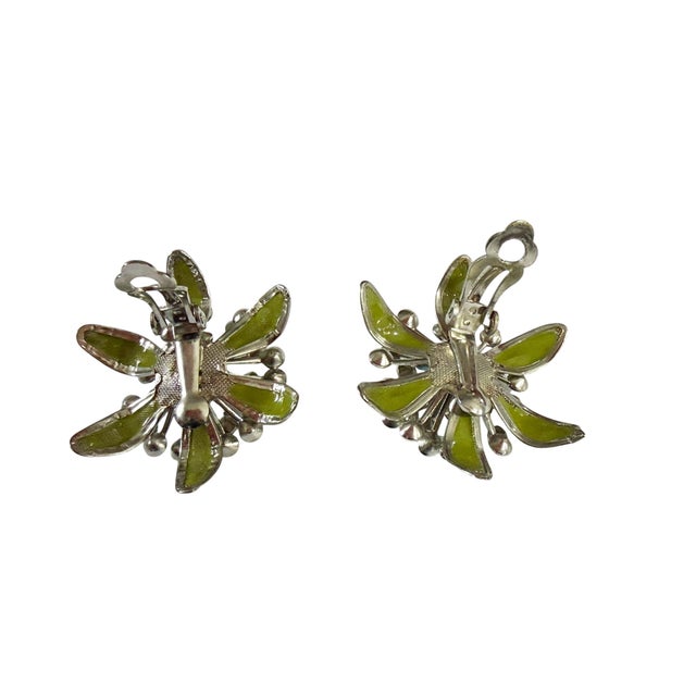 Green Vintage Green Enamel and Aurora Borealis Rhinestone Earrings For Sale - Image 8 of 8